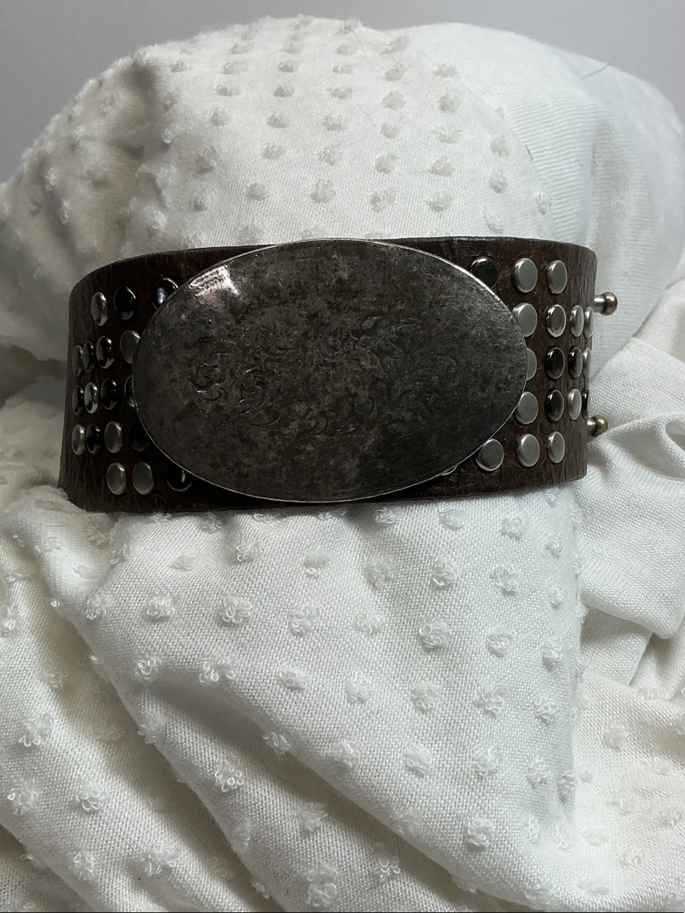Brown Studded Noir Leather Cuff Bracelet with Engraved Silver Buckle